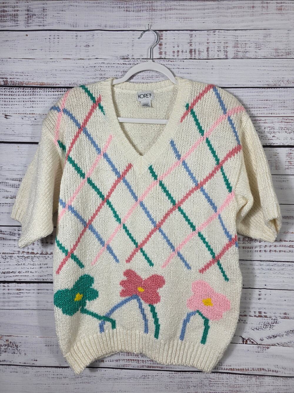 VTG Koret 20W Floral Argyle Knit Sweater Short Sleeve V-Neck 80s 90s Plus Size